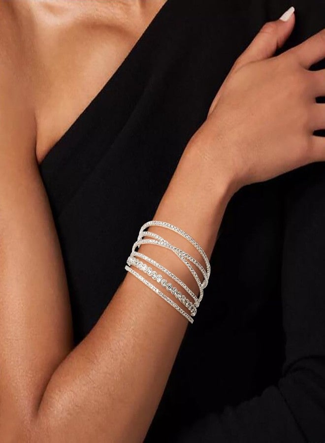 Wovanoo Rhinestone Cuff Bracelet for Women 2Pieces MultiLayer Rhinestone Bracelet Sparkling Crystal Bridal Bracelet for Party Prom Wedding Silver 1 - Image 3